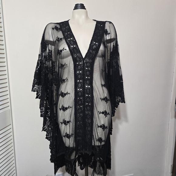 Solitaire Swim Other - Black Lace Fringe Swim Coverup Kimono